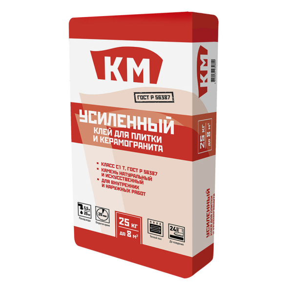 Клей для плитки/ керамогранита/ камня КМ Усиленный серый (класс С1 T) 25 кг
